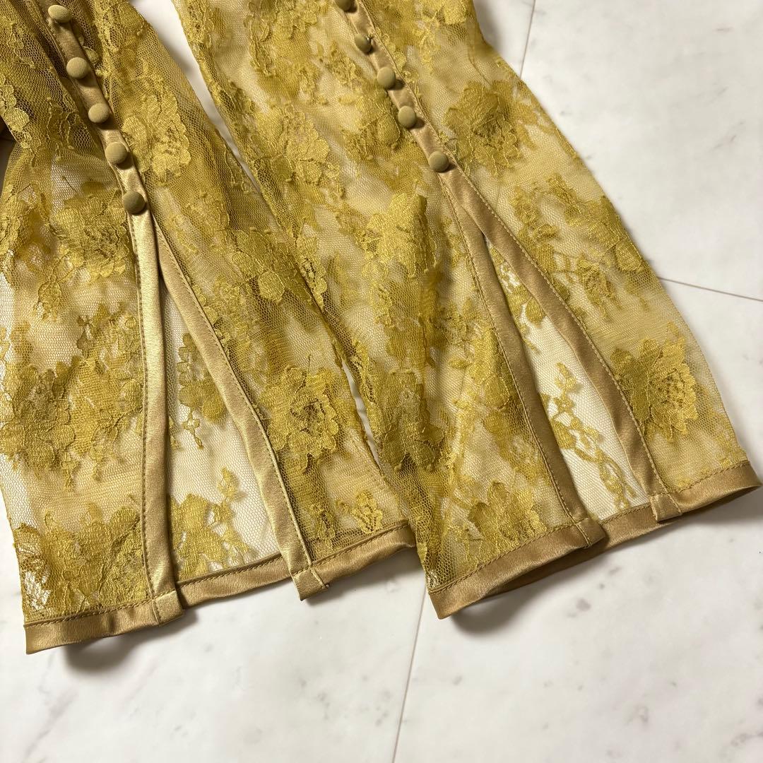 新品同様 アメリ AMERI レーススリーブロングドレス マスタード ベルト付き