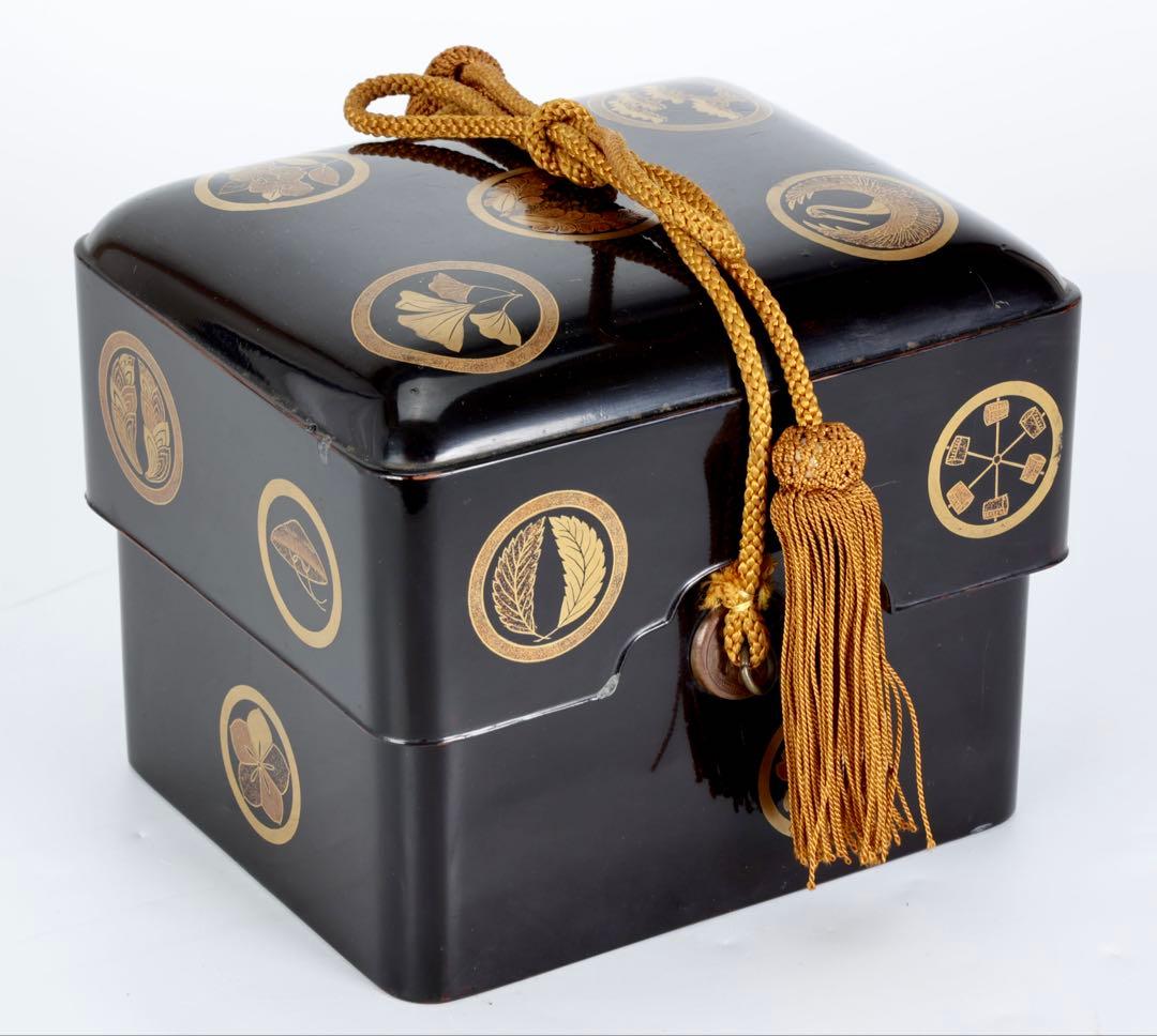 時代物 漆塗 黒漆 家紋尽 蒔絵 手箱 玉手箱 硯箱 共箱付 古美術品 骨董品