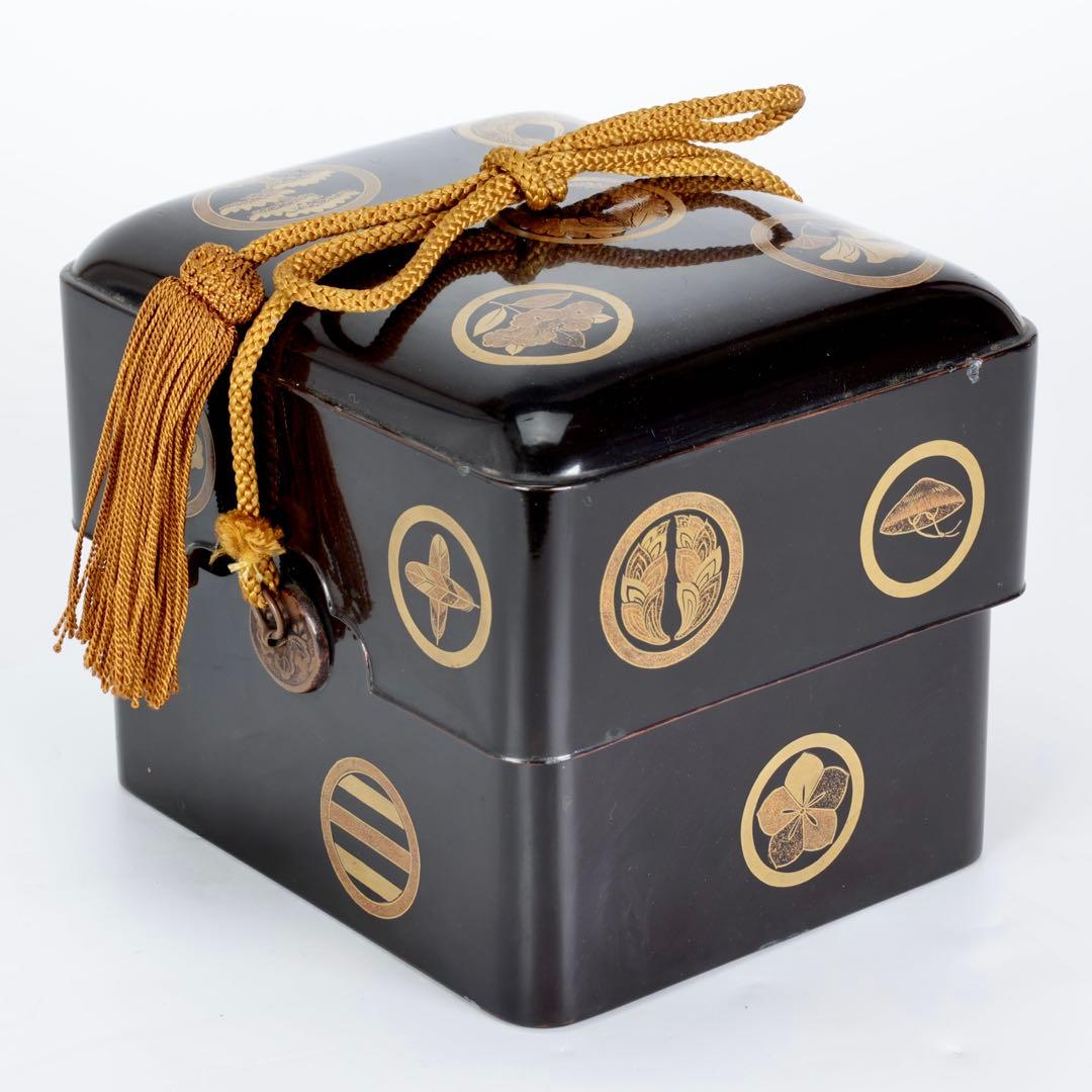 時代物 漆塗 黒漆 家紋尽 蒔絵 手箱 玉手箱 硯箱 共箱付 古美術品 骨董品