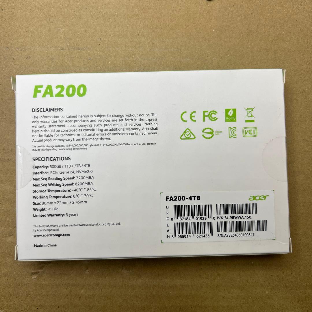 4TB♡Acer M.2 SSD FA200 PCIe Gen4×4