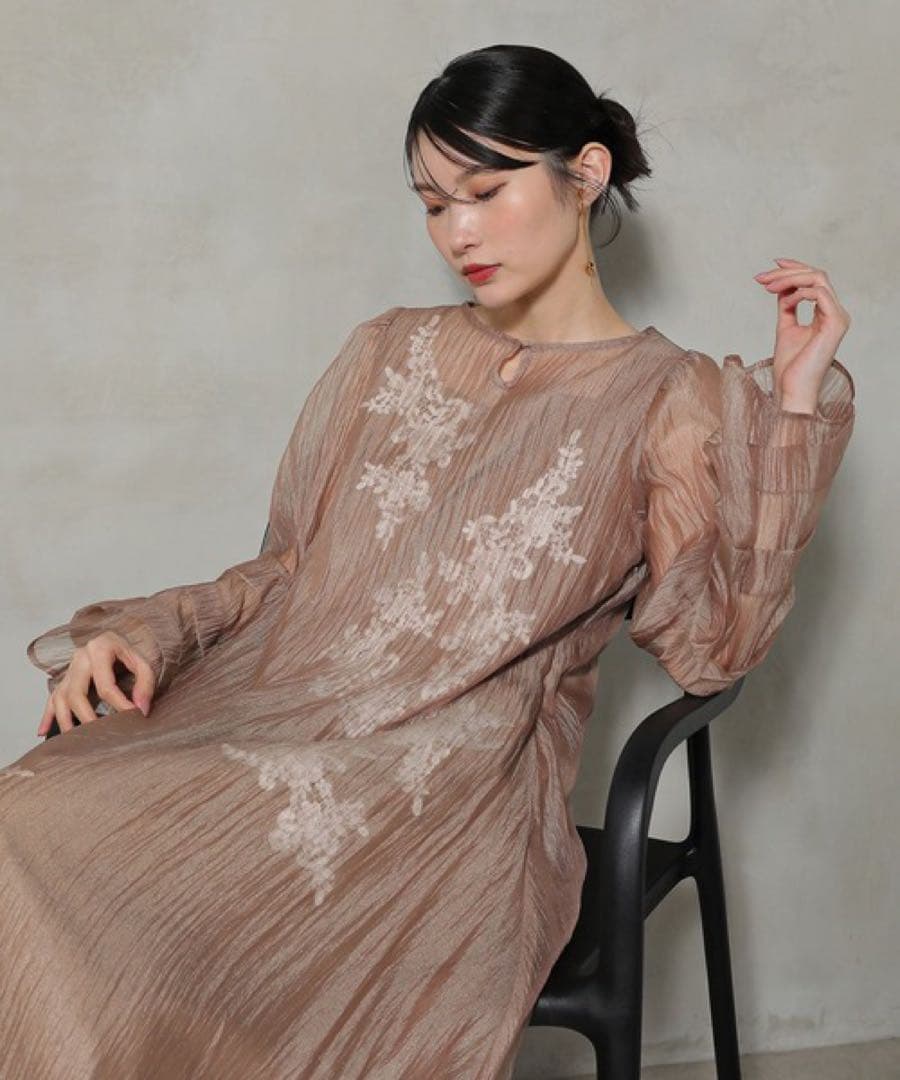 シアーAラインワンピースドレス　結婚式 花柄