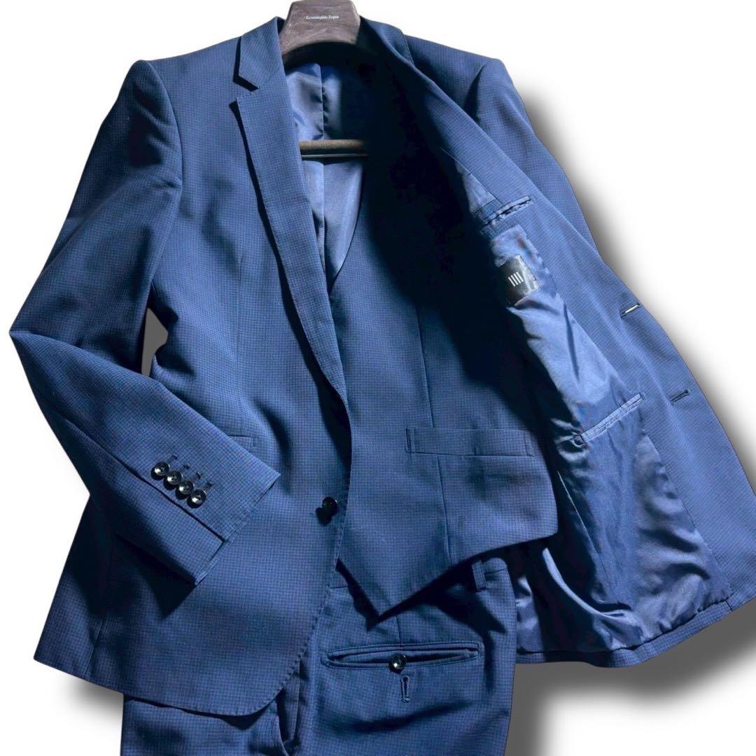 美品✨ スーツセレクト 3ピース セットアップ ネイビー シャドーチェック A6