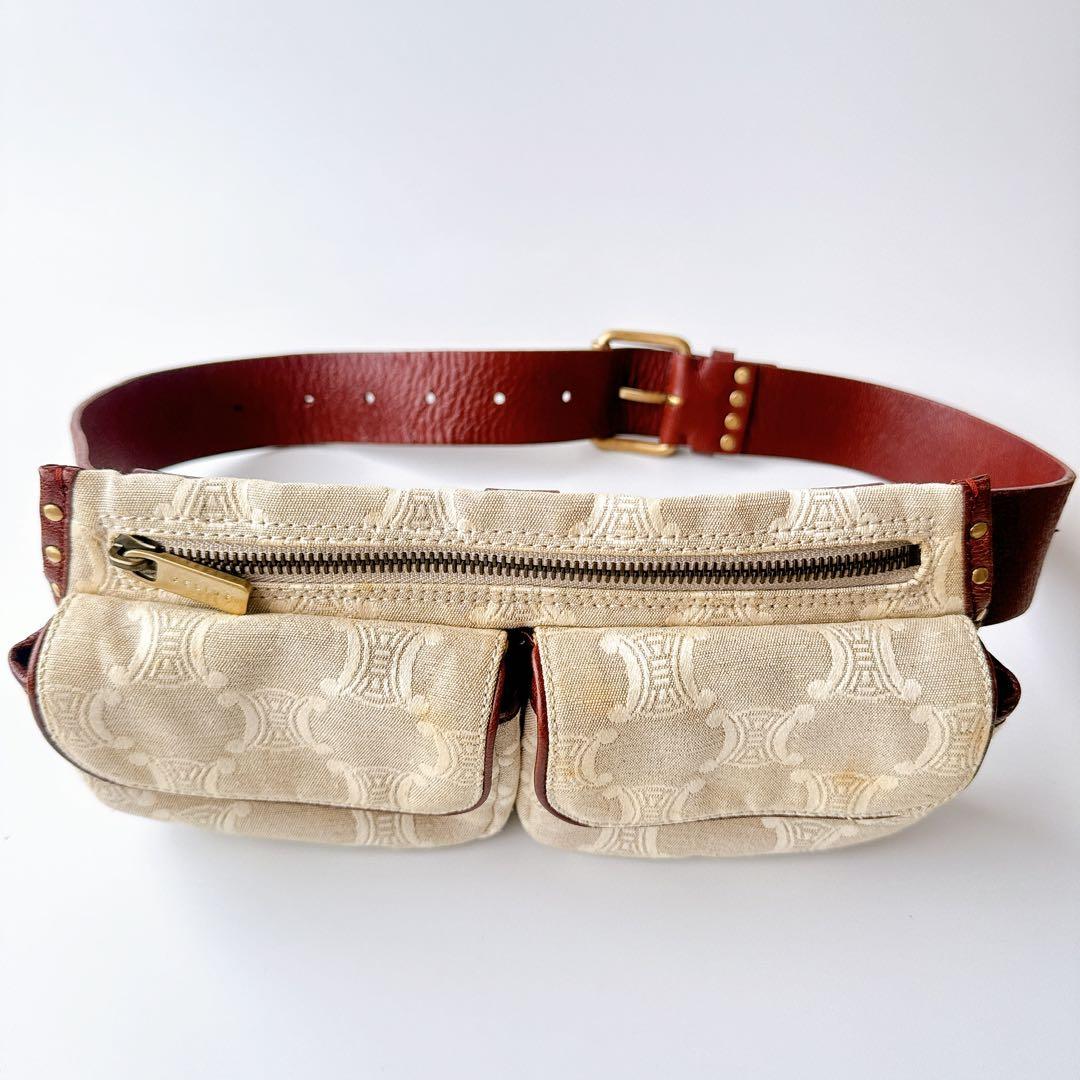 希少 セリーヌ マカダム ウエストバッグ ベージュ×ブラウン レザー×キャンバス