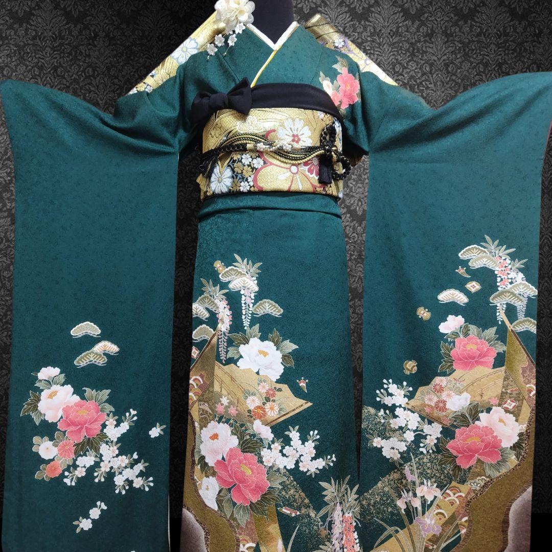 振袖フルセット(7点)・古典柄・金駒刺繍・金彩加工・宝尽くし・正絹