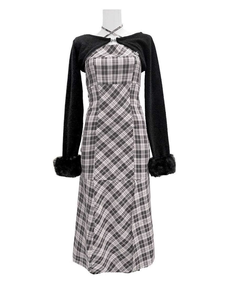 【タグ付】ボレロチェックロングワンピース フリーサイズ