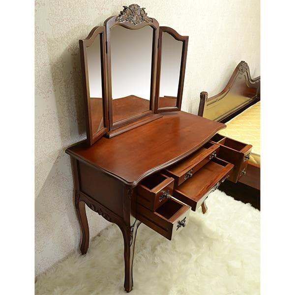 値下げ！ 長い瓶も収納 可マホガニー 三面鏡　ドレッサーデスク ロココ調 お姫様
