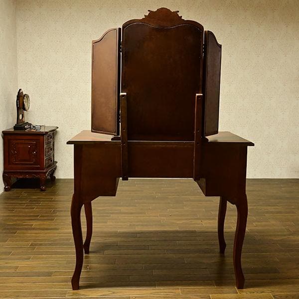 値下げ！ 長い瓶も収納 可マホガニー 三面鏡　ドレッサーデスク ロココ調 お姫様