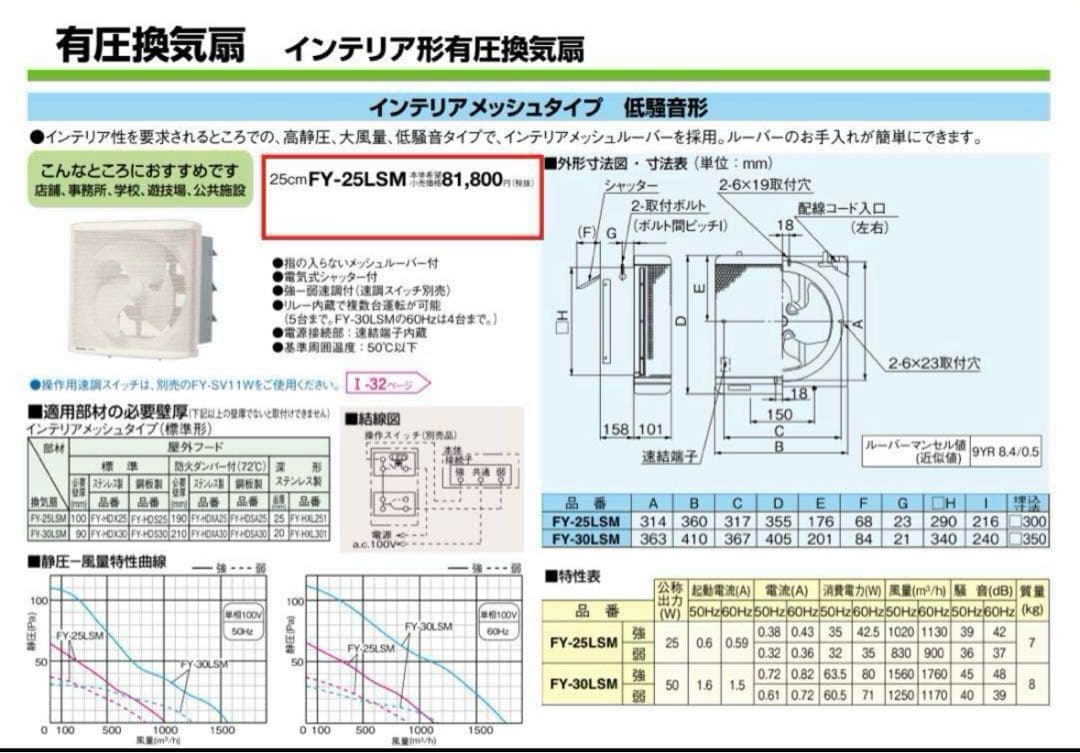 パナソニックFY-25LSM羽根径 25cm インテリア形・低騒音形有圧換気扇