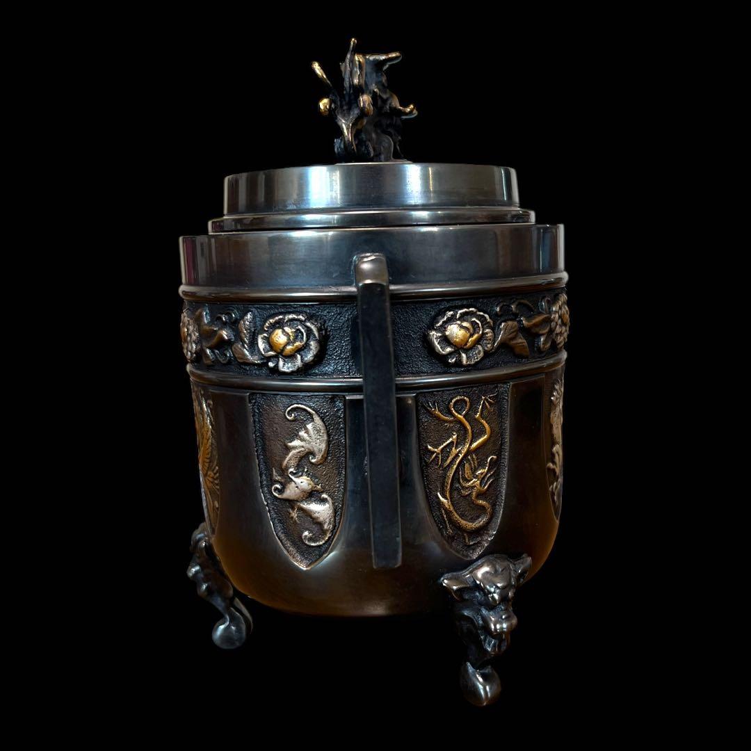 《希少未使用》高岡銅器 能作 吉秀作 銅製 獅子摘龍鳳凰図金銀象嵌三つ足香炉 鸛