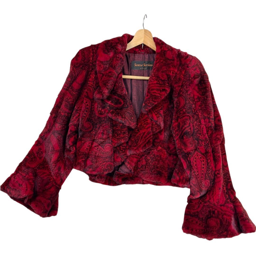 染めミンク レッド シェアード コート 短丈 ベルスリーブ ペプラム 総柄