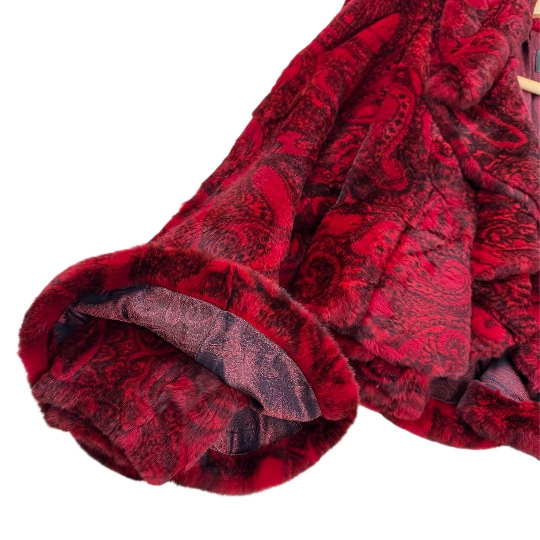 染めミンク レッド シェアード コート 短丈 ベルスリーブ ペプラム 総柄