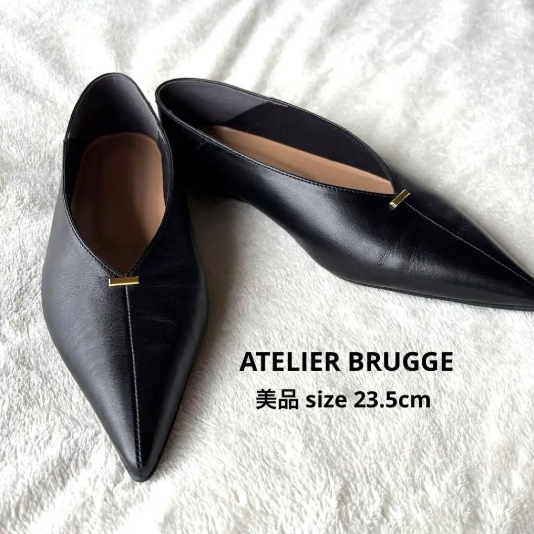 [極美品] アトリエブルージュメタルモチーフフラットシューズ ブラック 牛革