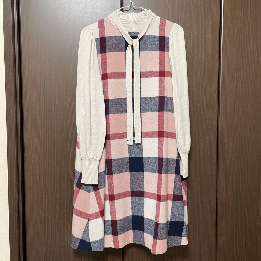 ブルーレーベル クレストブリッジ ニットワンピース ピンクチェック柄　38