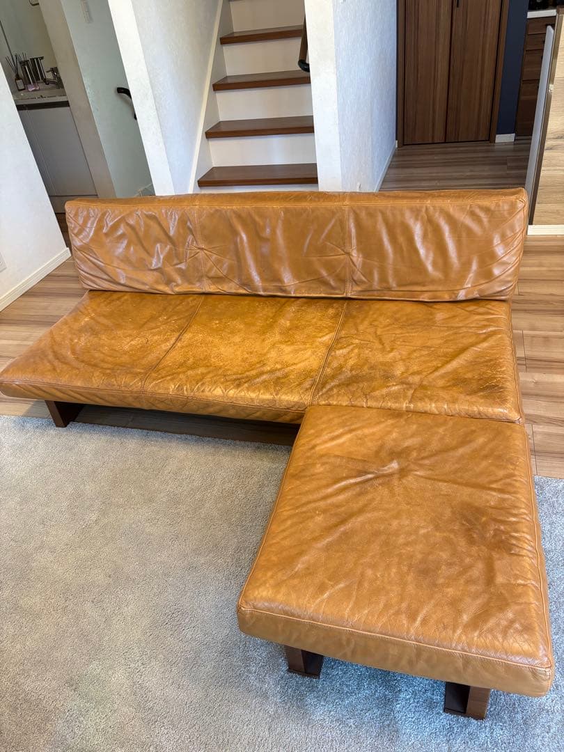 本革　カウチソファー　3人掛け　Blena LEATHER WOOD キャメル