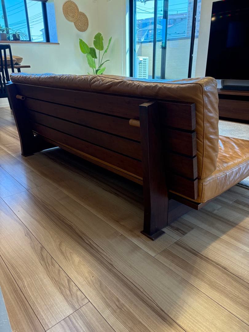 本革　カウチソファー　3人掛け　Blena LEATHER WOOD キャメル