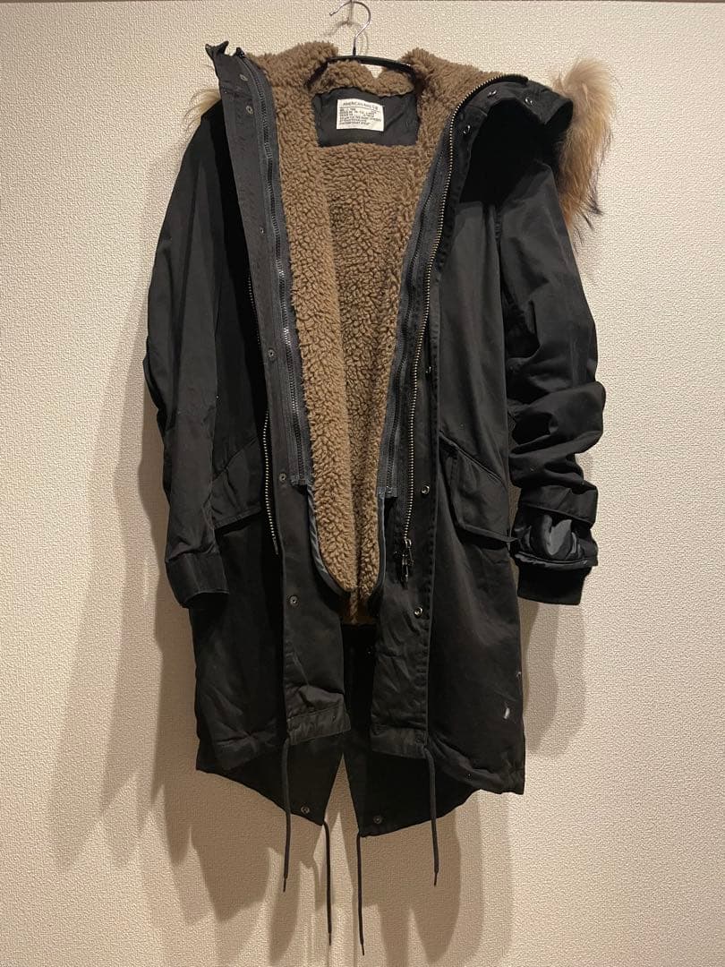 アメリカンラグシー　ファー付きブラックモッズコート