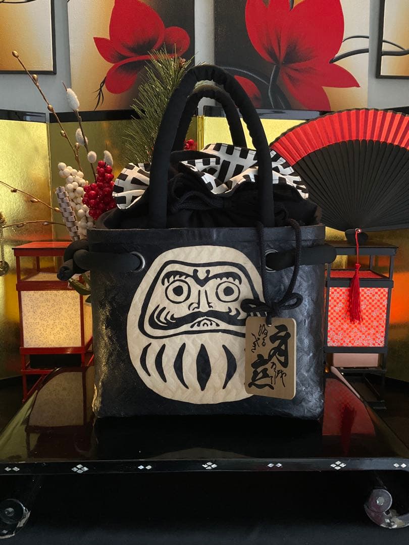 一閑張り　一閑張りバッグ　達磨　福達磨　和紙　大正　着物　縁起達磨　格子