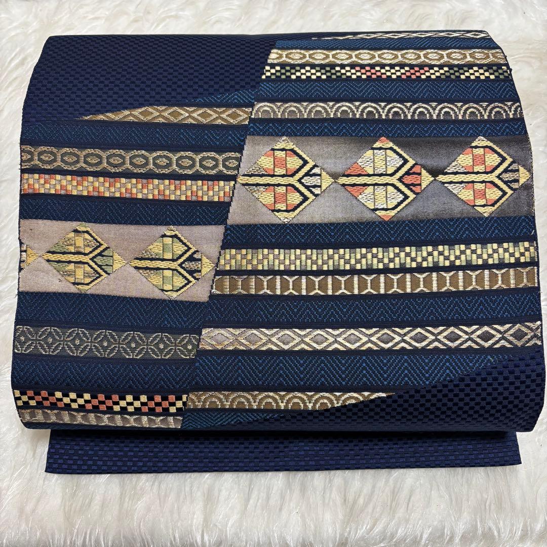 ✨【 極美 】 名古屋帯 九寸帯 名古屋仕立てモダン 幾何学菱文 和装 413