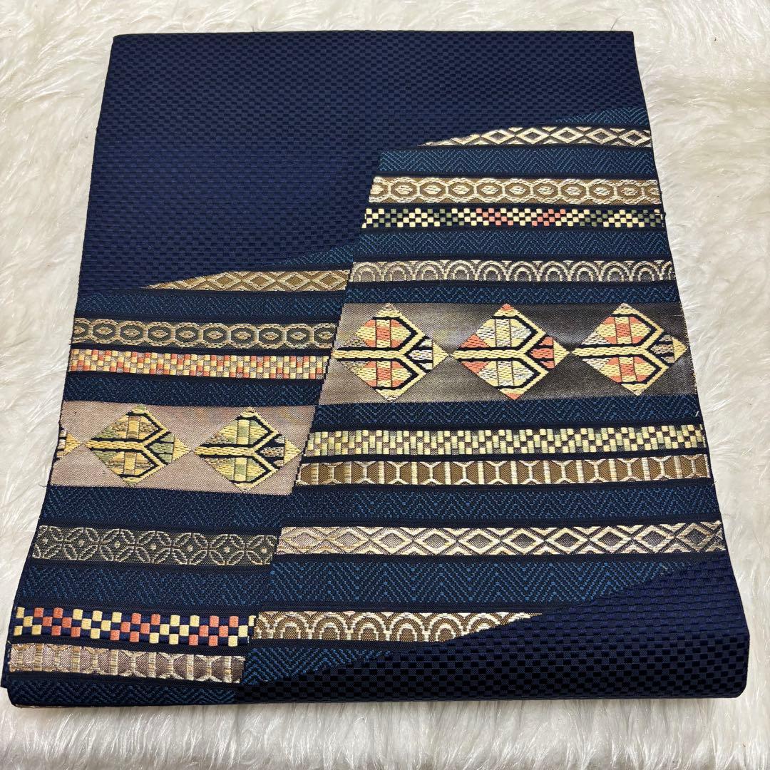 ✨【 極美 】 名古屋帯 九寸帯 名古屋仕立てモダン 幾何学菱文 和装 413