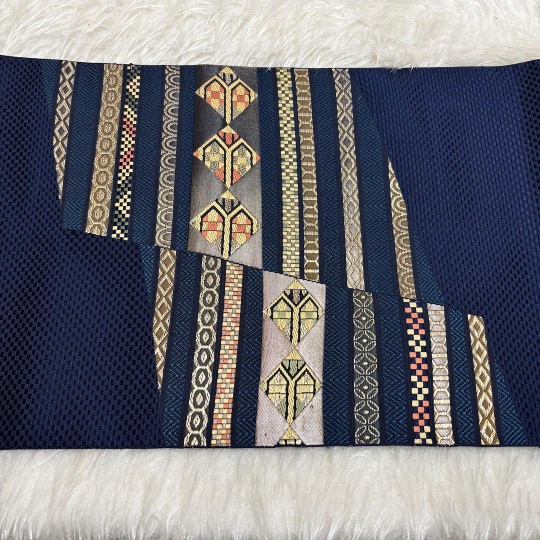 ✨【 極美 】 名古屋帯 九寸帯 名古屋仕立てモダン 幾何学菱文 和装 413