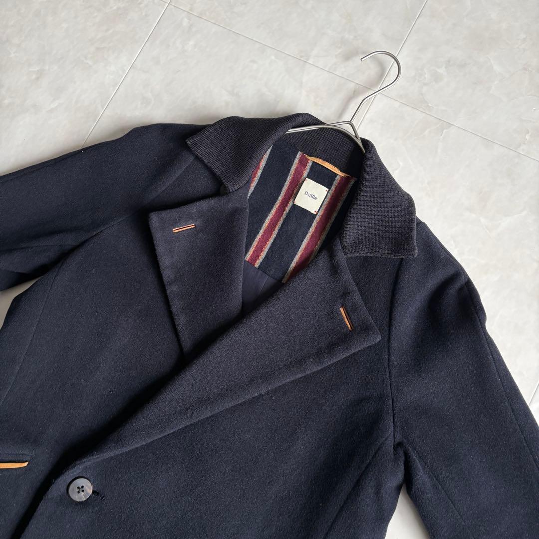 nume ダブルコート ネイビー 2 襟リブ パイピング 上品 ミドル丈