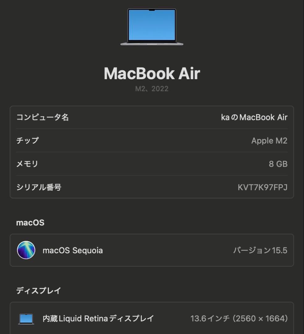 【美品バッテリー100%】MacBook Air m2 8GB SSD256GB