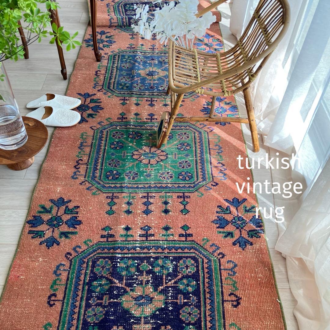 レア✳︎３m60 魔除デザイン84×360オレンジランナー　トルコヴィンテージラグ