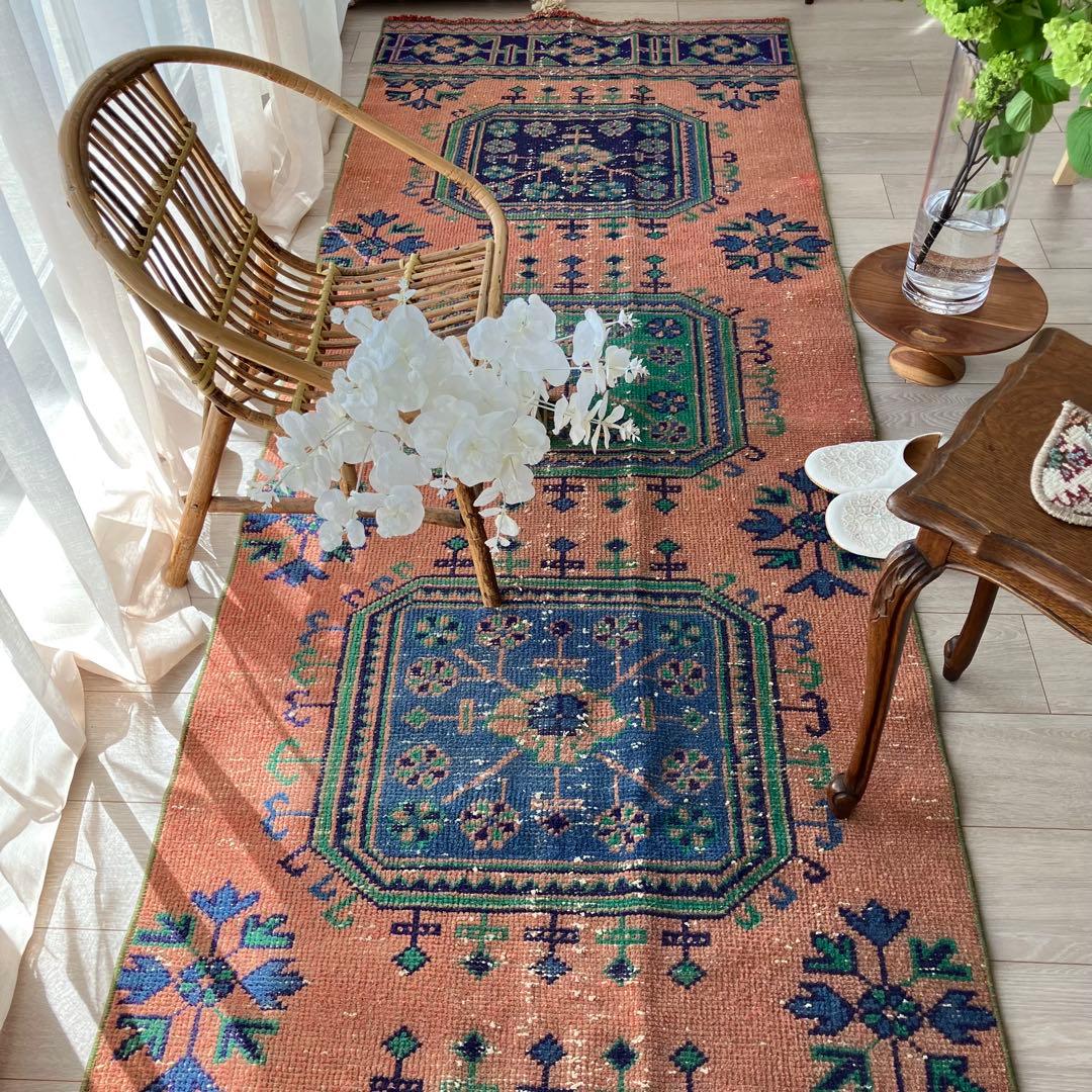 レア✳︎３m60 魔除デザイン84×360オレンジランナー　トルコヴィンテージラグ