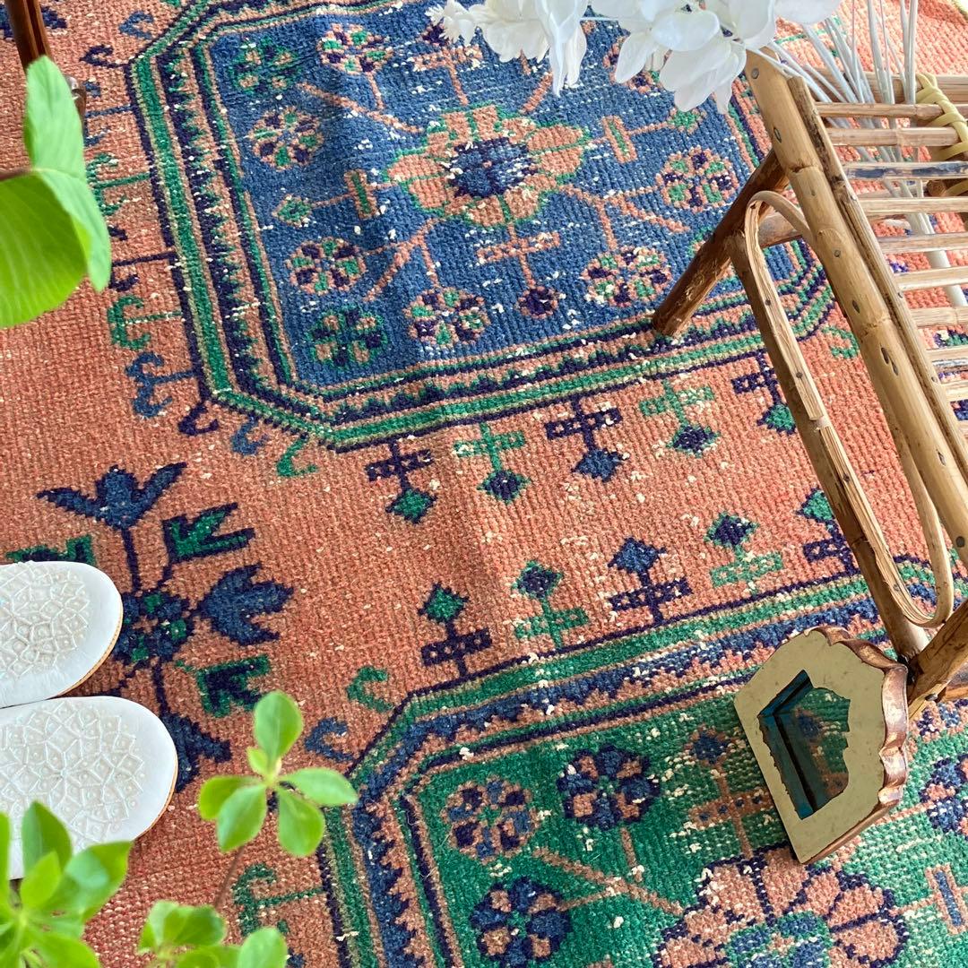 レア✳︎３m60 魔除デザイン84×360オレンジランナー　トルコヴィンテージラグ