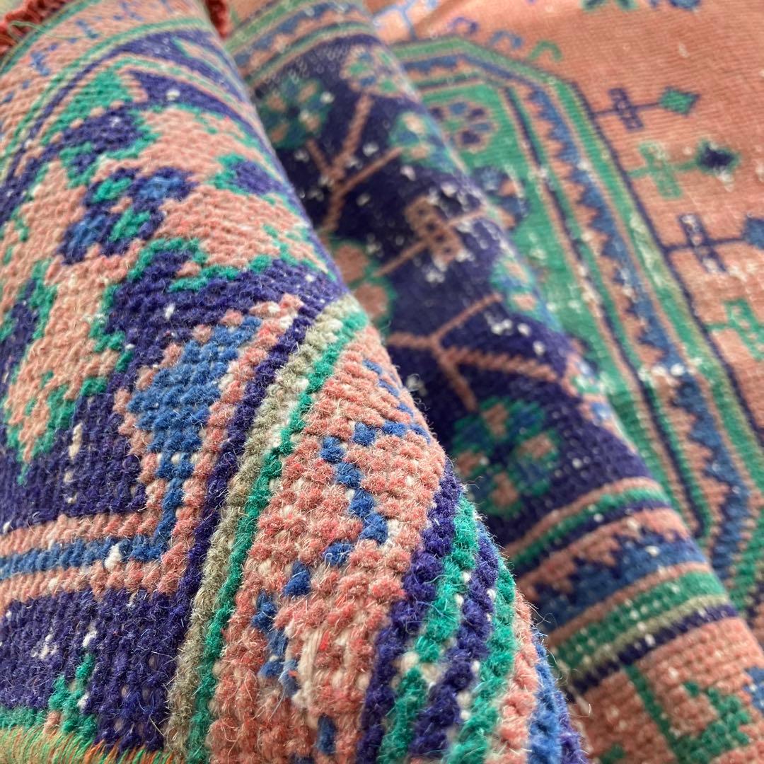 レア✳︎３m60 魔除デザイン84×360オレンジランナー　トルコヴィンテージラグ