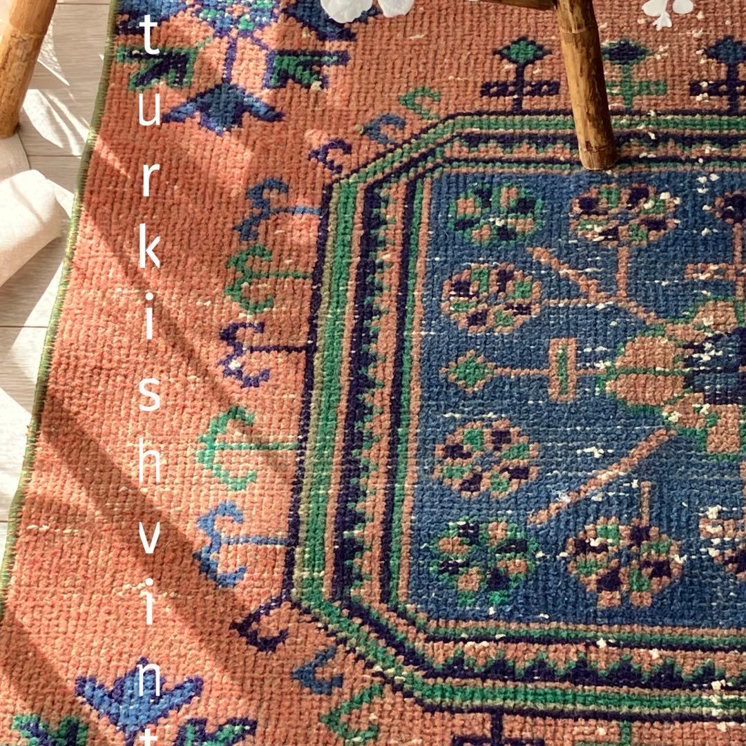 レア✳︎３m60 魔除デザイン84×360オレンジランナー　トルコヴィンテージラグ