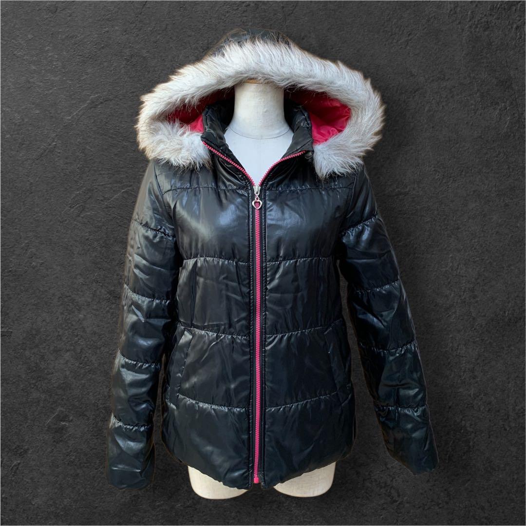 y2k グランジ 微光沢ファー付きフード黒×ピンク中綿ジャケット ダウン風