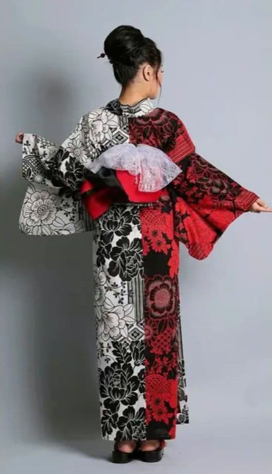 赤黒花柄 浴衣セット フリーサイズ