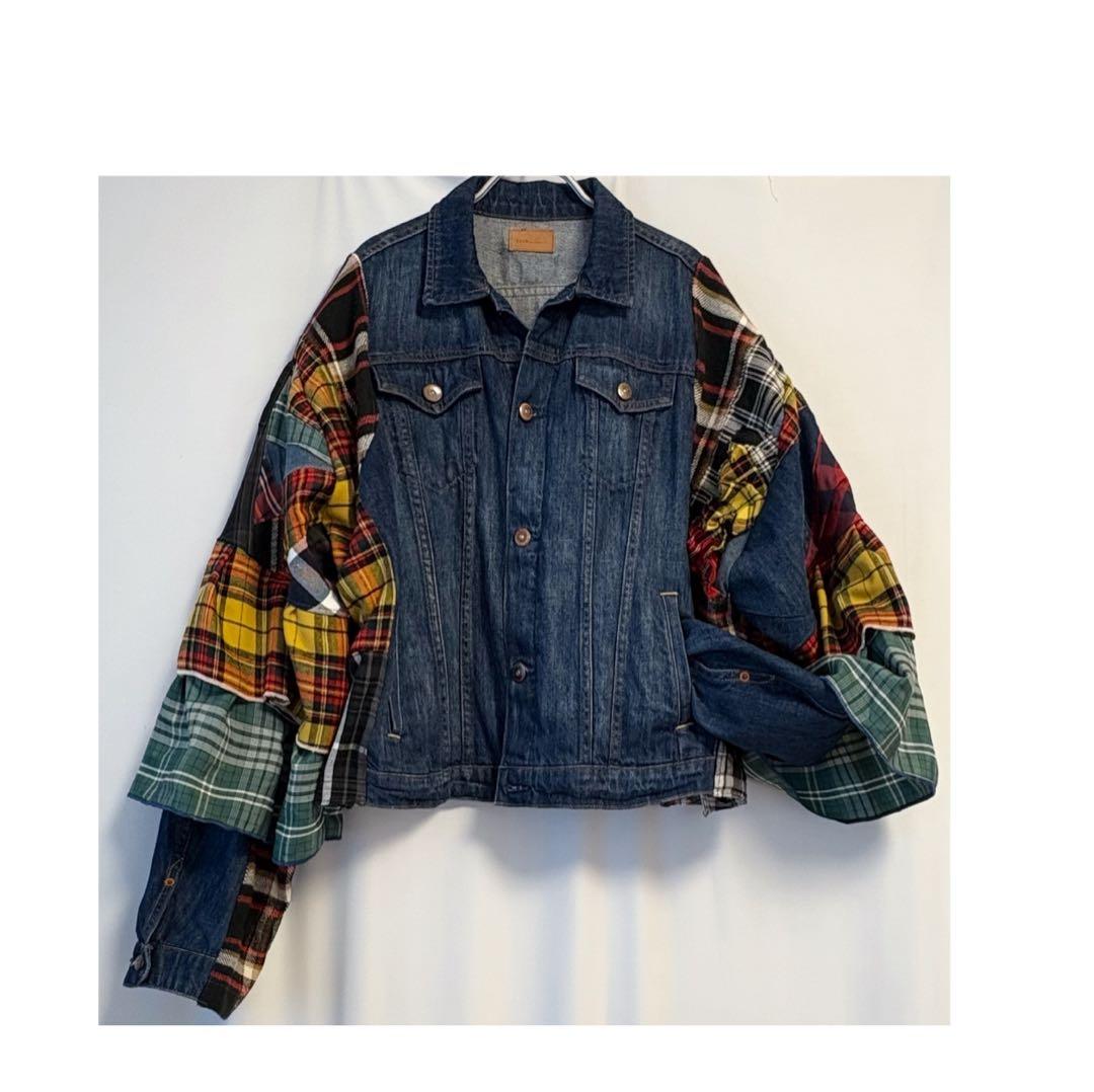 ③デニム・チェックフリルパッチワークジャケット 大きいサイズ/unisex
