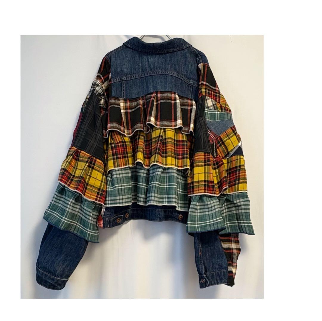 ③デニム・チェックフリルパッチワークジャケット 大きいサイズ/unisex
