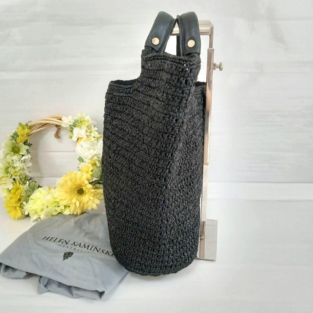 保存袋付き ヘレンカミンスキー カコバック リーフロゴ ラフィア レザー 黒