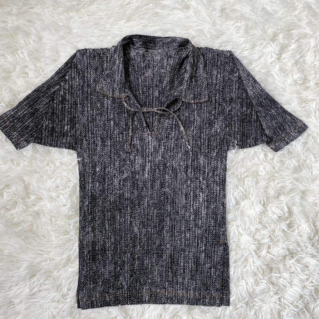 イッセイミヤケ PLEATSPLEASE デニム転写　変形　プリーツ　トップス