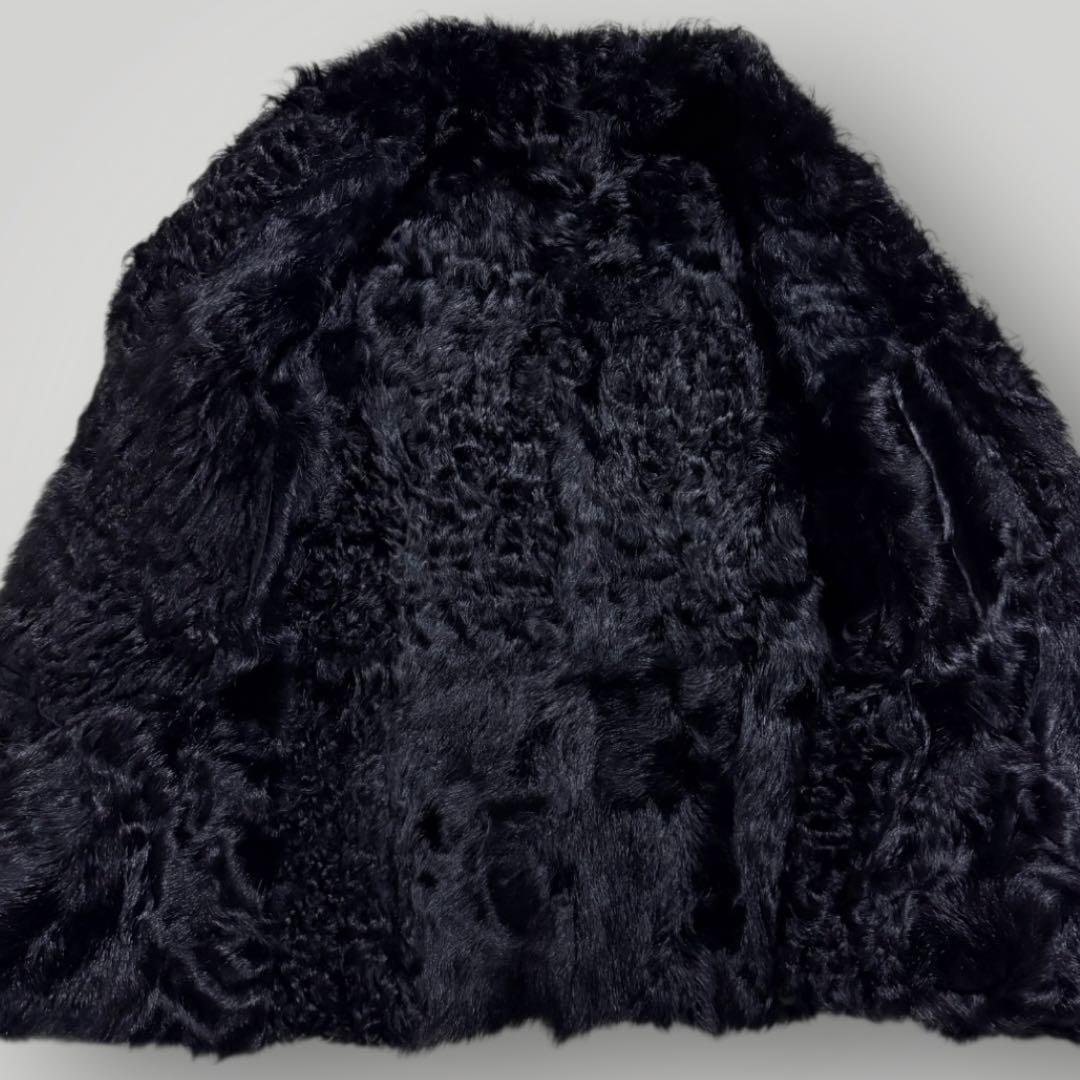 本毛皮☆ラムファー ラムレザー ファーコート ショートコート 本革 黒 L相当