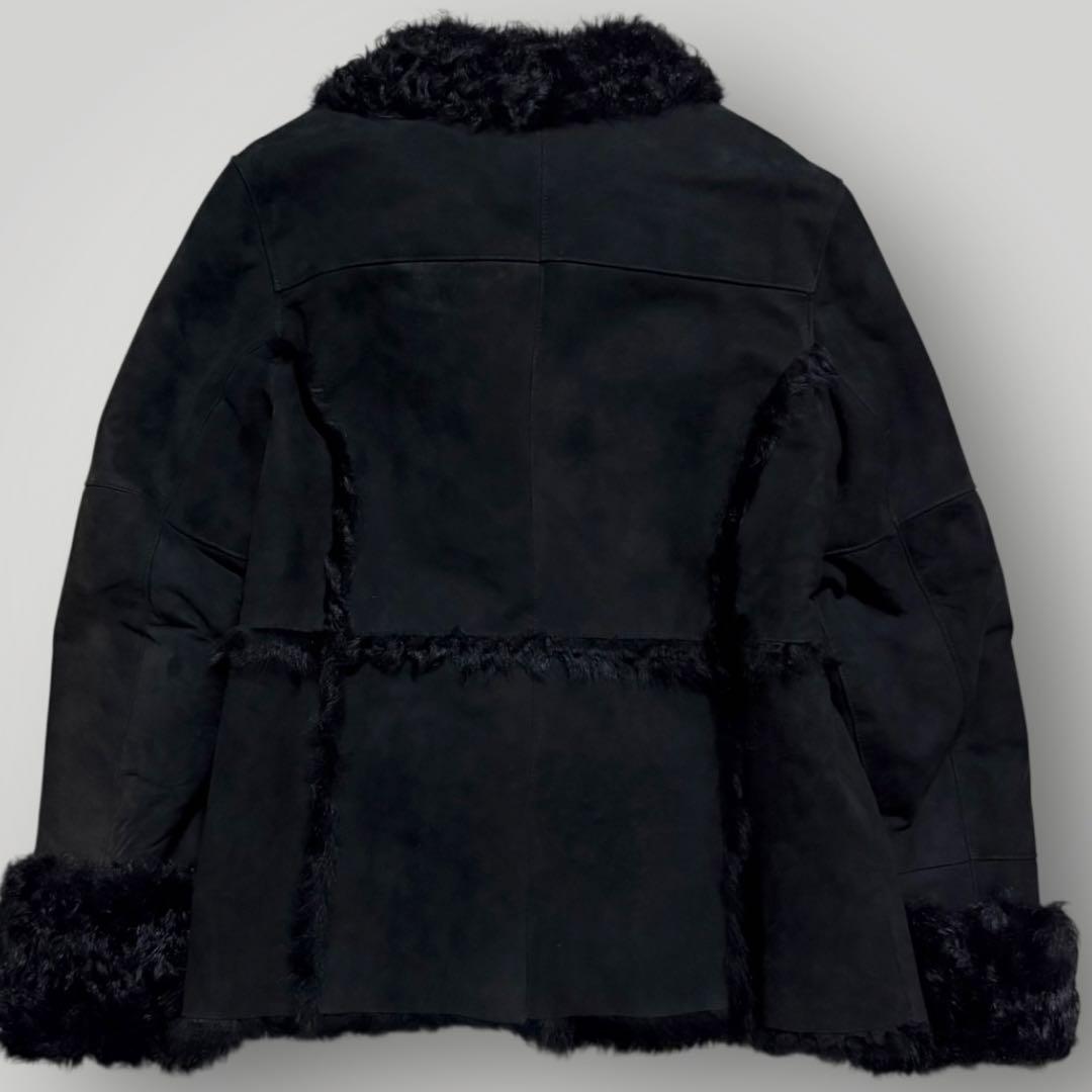 本毛皮☆ラムファー ラムレザー ファーコート ショートコート 本革 黒 L相当