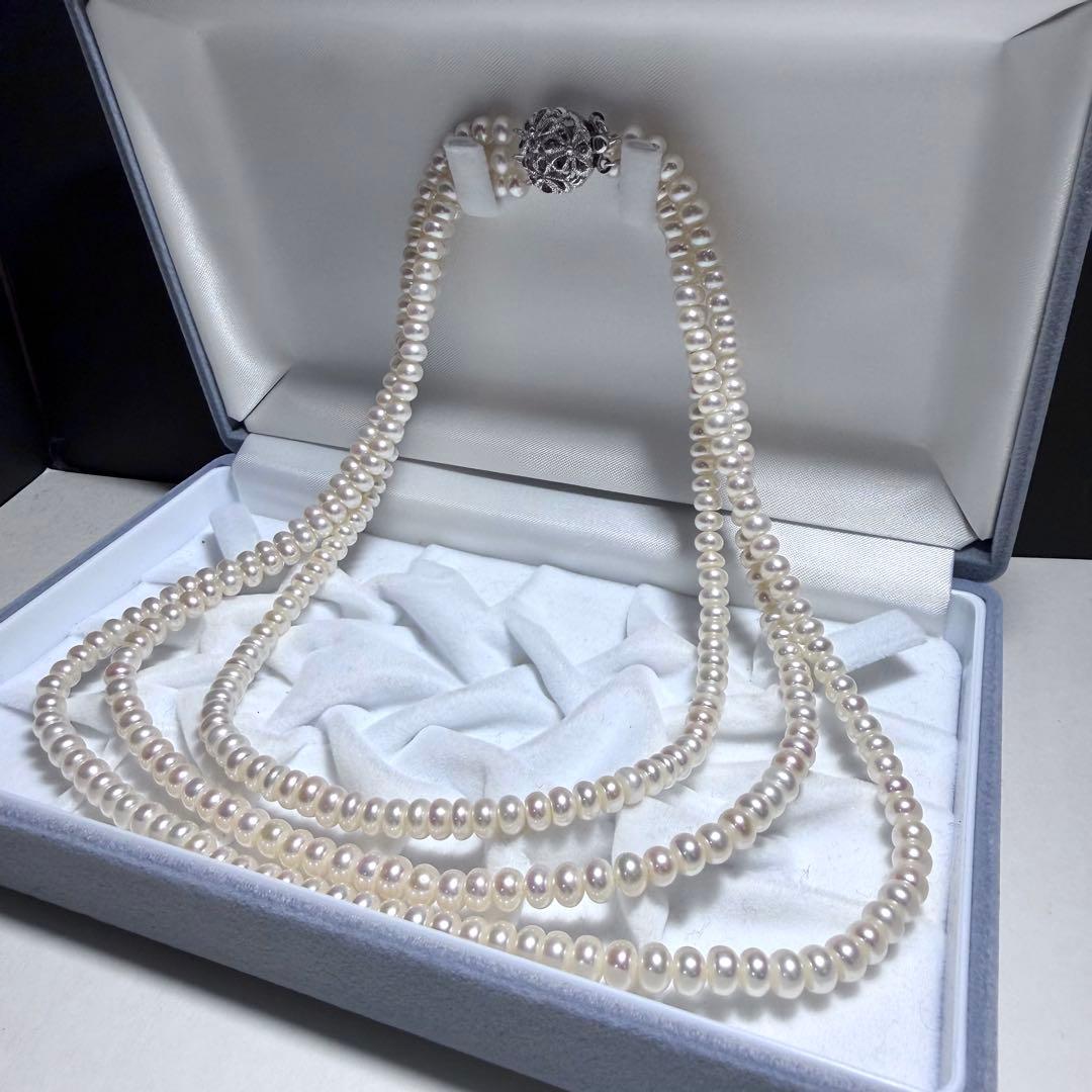 美品★テリ鮮やか★真珠3連ネックレス 本真珠 リアルパール シルバー金具