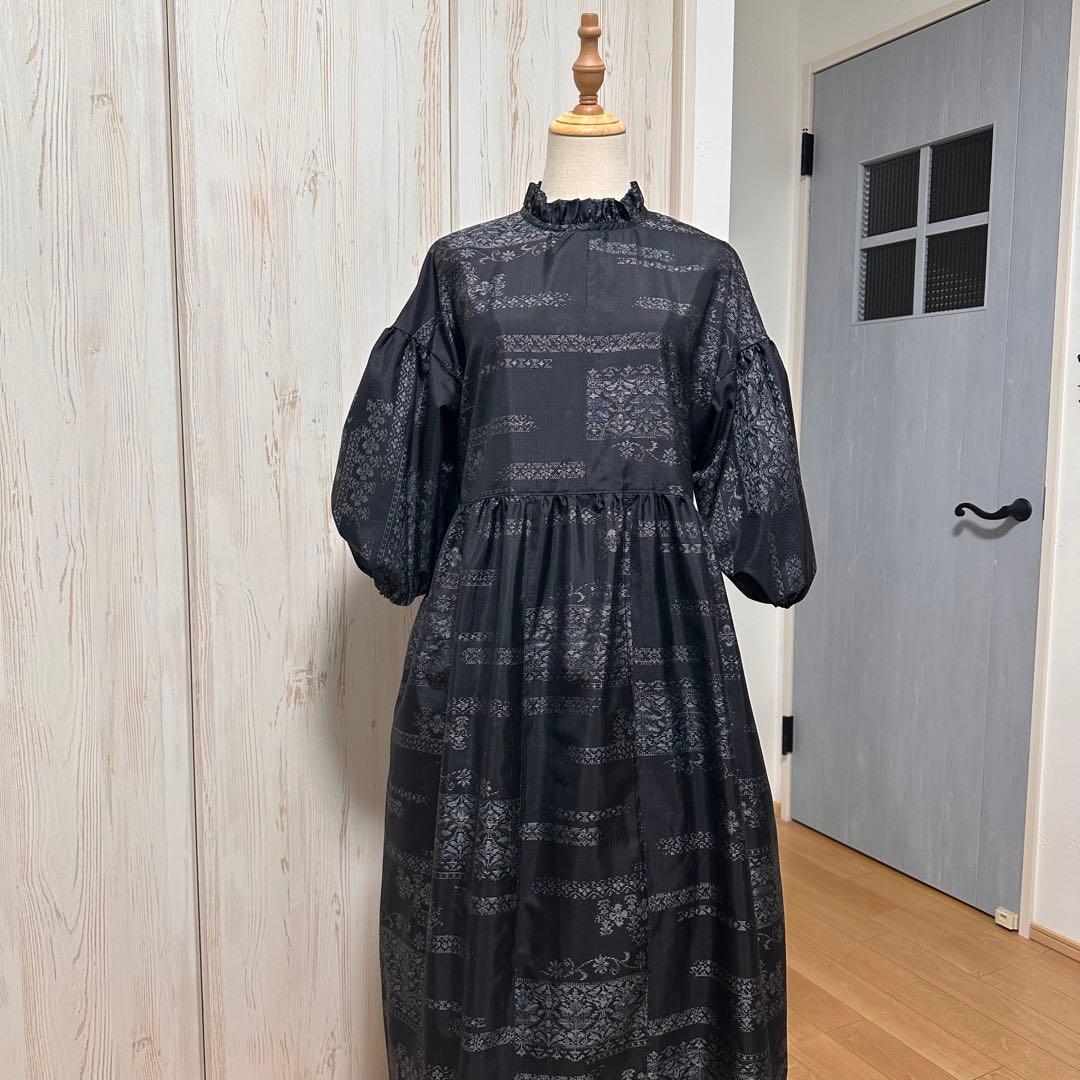 着物リメイク 大島紬(証紙あり)からフリル襟の後ろボタンワンピース(L~LL)