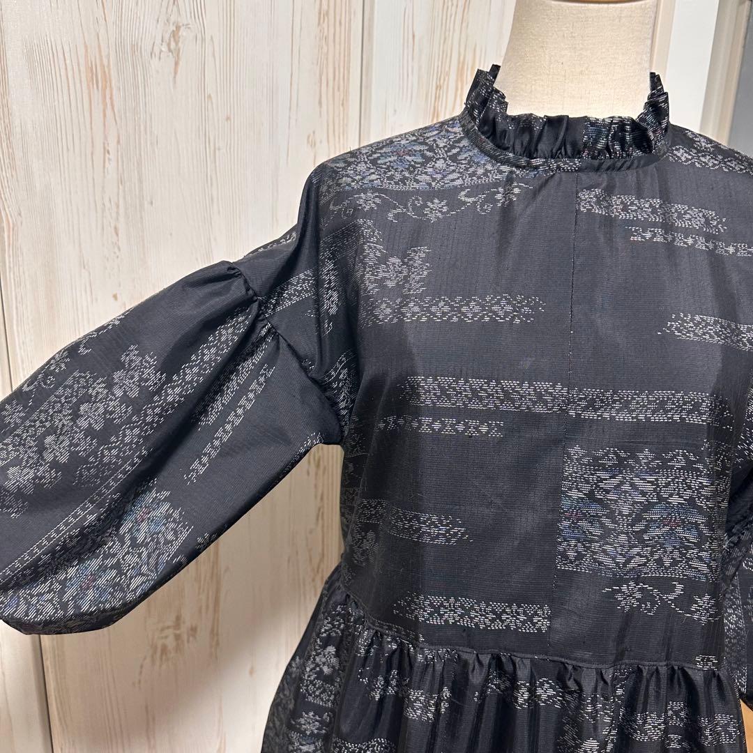 着物リメイク 大島紬(証紙あり)からフリル襟の後ろボタンワンピース(L~LL)