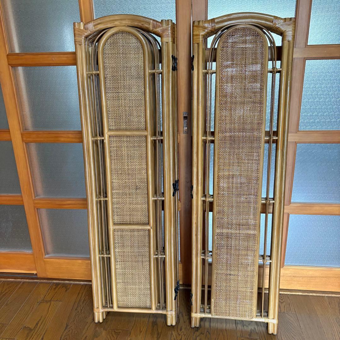 【昭和レトロ】籐 ラタン 4連・3連ペアセット　　パーテーション　間仕切り　衝立