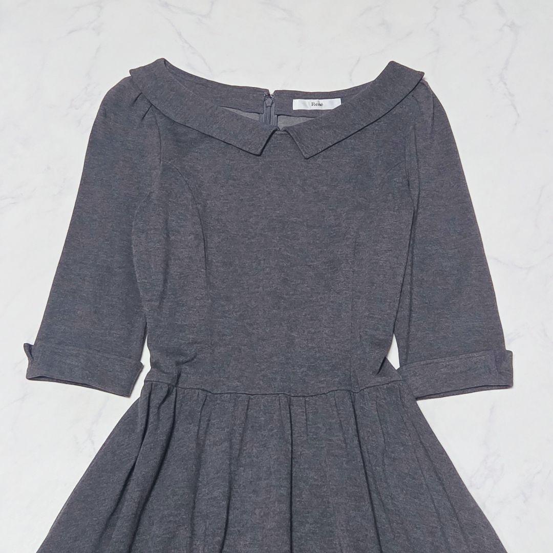 美品✨ルネ Rene 襟付き フレア 5分袖 ワンピース Aライン グレー 36