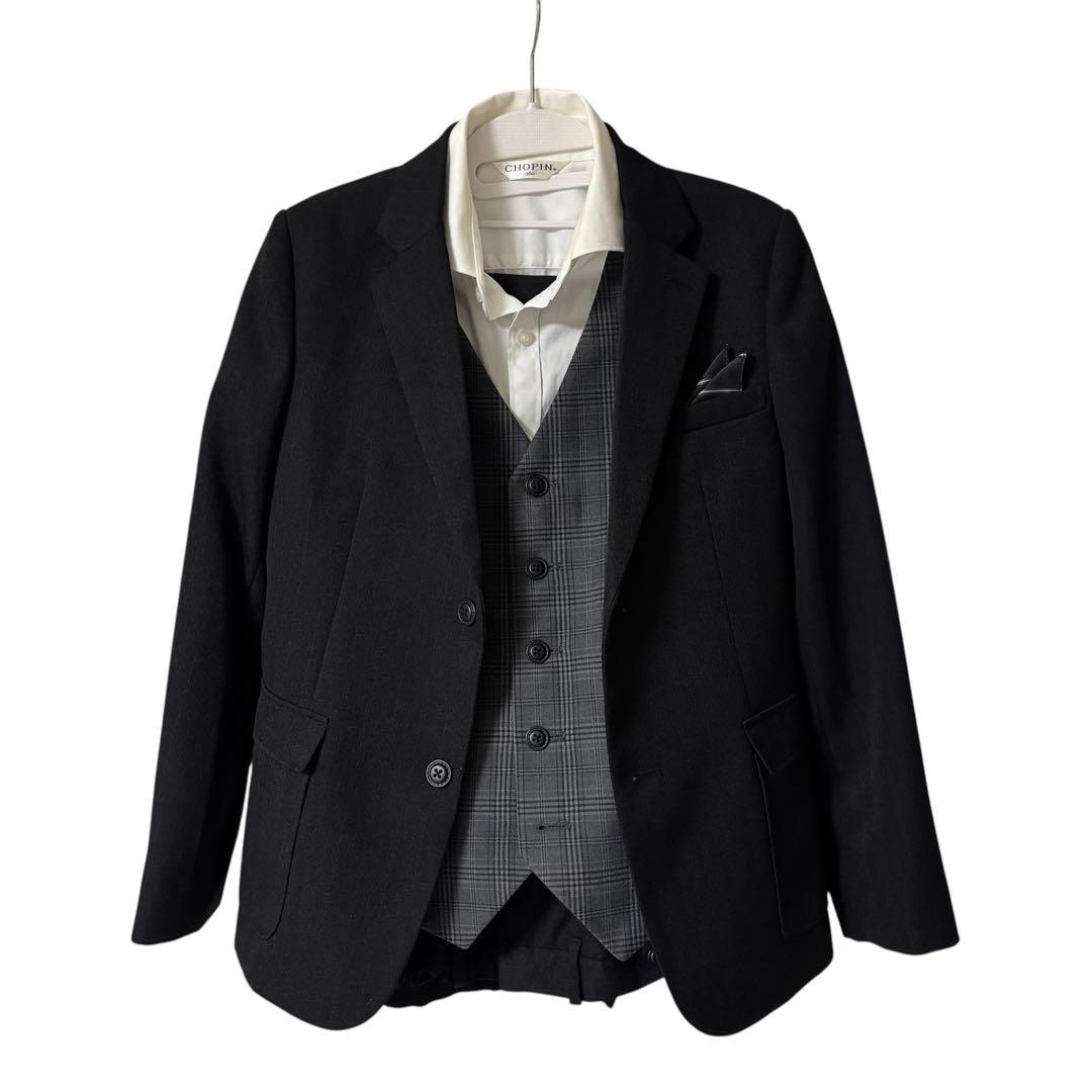 【美品】CHOPIN チェックベストスリーピーススーツ　ブラック　160cm