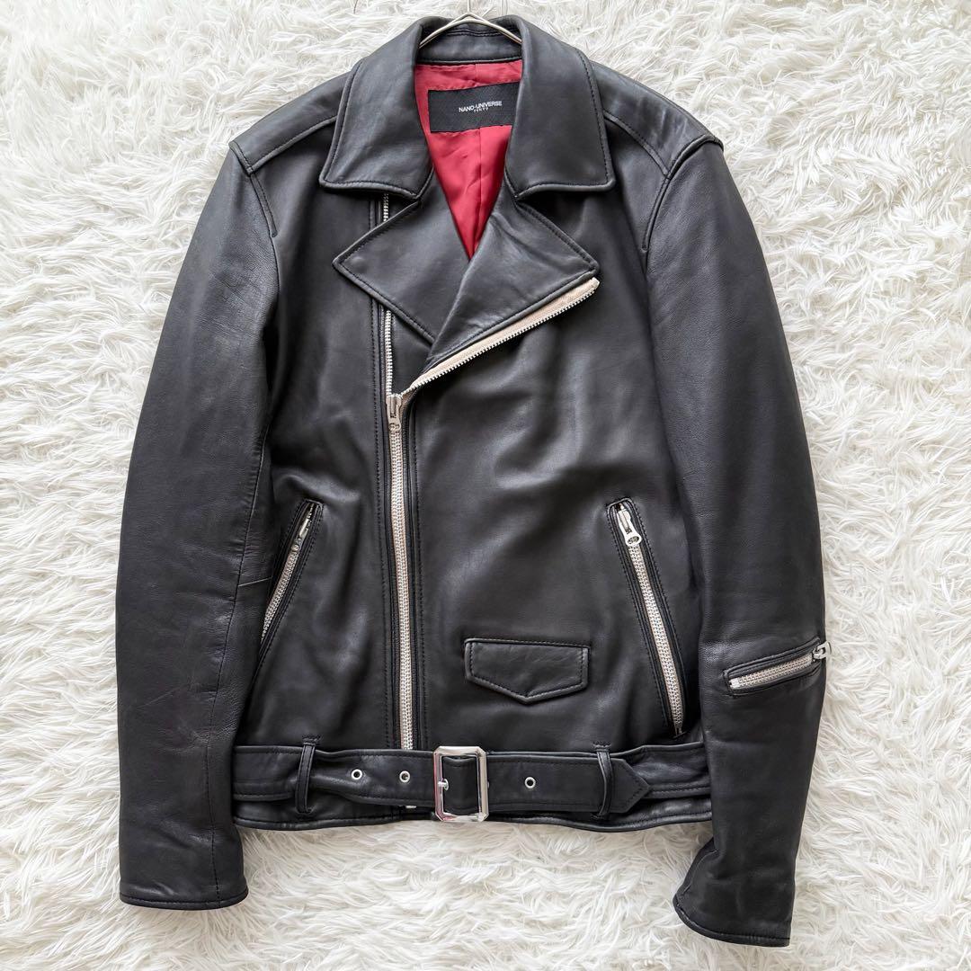 美品【ナノユニバース】ラムレザージャケット　ダブル　黒　L