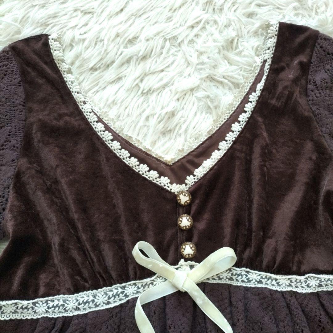 LIZLISA ダークブラウン ベルベット 七分袖 ベロア切替え フレアスリーブ