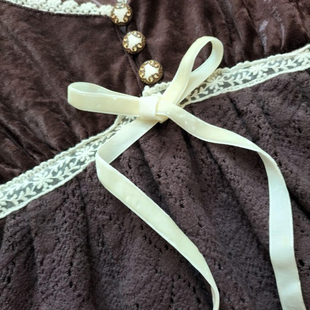 LIZLISA ダークブラウン ベルベット 七分袖 ベロア切替え フレアスリーブ