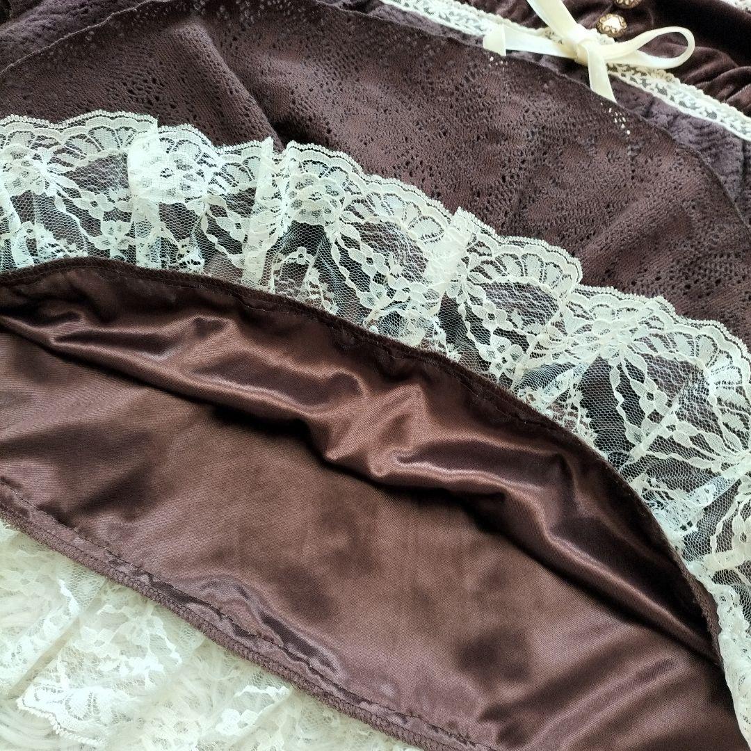 LIZLISA ダークブラウン ベルベット 七分袖 ベロア切替え フレアスリーブ