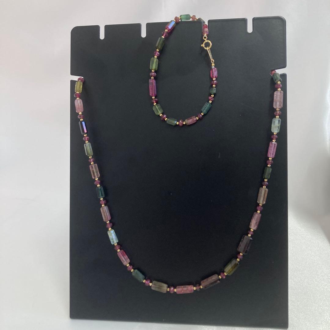 <美品> K18 トルマリン　ネックレス　ブレスレット　天然石　グリーン　ピンク